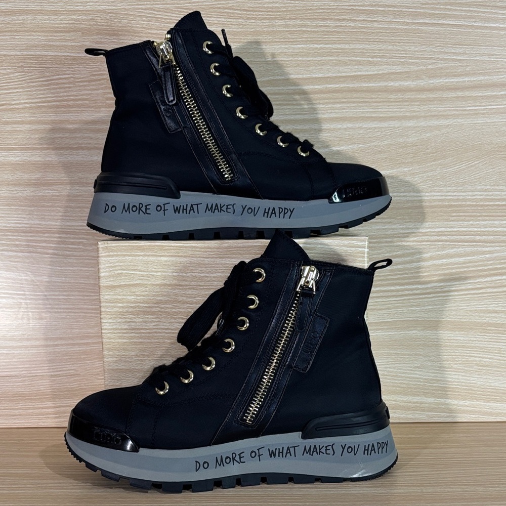 Liu Jo Amazing Mid Boot-Sneaker Black Faux Fur Platform US 7.5-8 EU 38 “Happy”